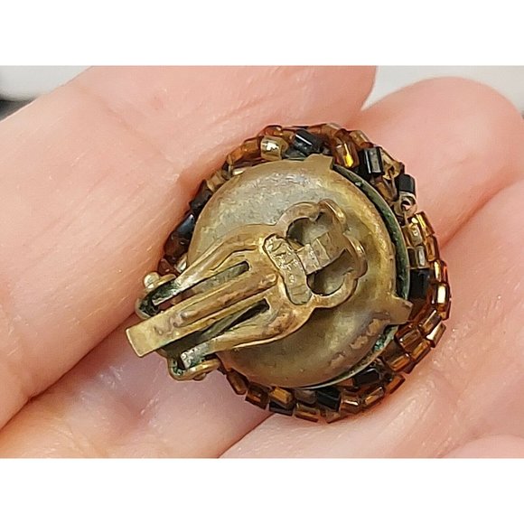 Vintage Faux Amber Crystal Bead Cluster Clip On Earrings 40-60's Classic JAPAN - Picture 7 of 8